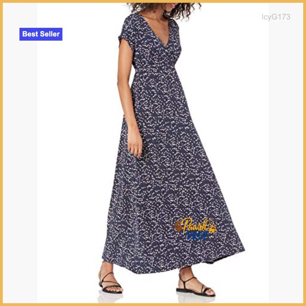 V-Neck Short Sleeve Waisted Maxi Dress Fit & Flare Rayon Stretch Jersey - Picture 5 of 7